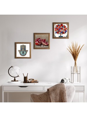 Pinecone Stone Nar, Nar Ağacı, Fatma Ana Eli (Hamsa) Ahşap Çerçeveli Taş Duvar Tablosu 3’lü Set – 25x25 cm Dekoratif Modern Sanat – Ev ve Ofis Dekoru |W3-22|
