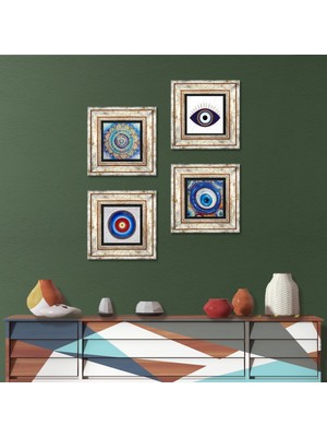 Pinecone Stone Nazar, Mandala Çerçeveli Taş Duvar Tablosu 4’lü Set - Dekoratif Modern Sanat, Ev ve Ofis Dekoru |TK4-1661|