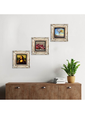Pinecone Stone Salvador Dalí, Leonardo da Vinci Mona Lisa, Nar Çerçeveli Taş Duvar Tablosu 3’lü Set - Dekoratif Modern Sanat, Ev ve Ofis Dekoru |TK3-1458|