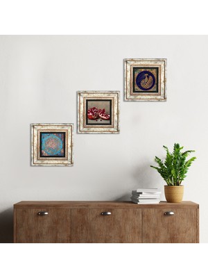 Pinecone Stone Yaşam Çiçeği, Tavus Kuşu, Nar Çerçeveli Taş Duvar Tablosu 3’lü Set - Dekoratif Modern Sanat, Ev ve Ofis Dekoru |TK3-1659|