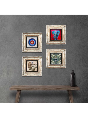 Pinecone Stone Nazar, Hayat Ağacı, Fil, Kelebekli Çiçek Çerçeveli Taş Duvar Tablosu 4’lü Set - Dekoratif Modern Sanat, Ev ve Ofis Dekoru |TK4-908|