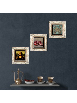 Pinecone Stone Yaşam Çiçeği, Leonardo da Vinci Mona Lisa, Nar Çerçeveli Taş Duvar Tablosu 3’lü Set - Dekoratif Modern Sanat, Ev ve Ofis Dekoru |TK3-1427|