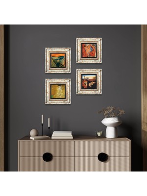 Pinecone Stone Salvador Dalí, Picasso, Gustav Klimt, Çığlık Çerçeveli Taş Duvar Tablosu 4’lü Set - Dekoratif Modern Sanat, Ev ve Ofis Dekoru |TK4-1113|