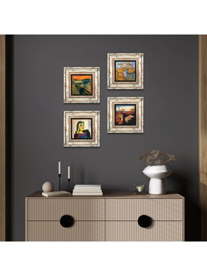 Pinecone Stone Salvador Dalí, Picasso, Van Gogh, Çığlık Çerçeveli Taş Duvar Tablosu 4’lü Set - Dekoratif Modern Sanat, Ev ve Ofis Dekoru |TK4-1120|