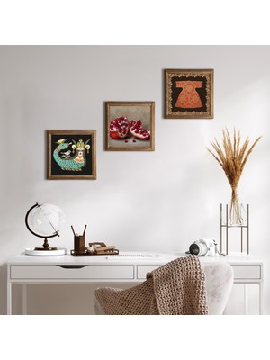 Pinecone Stone Hırka-i Şerif, Şahmeran, Nar Ahşap Çerçeveli Taş Duvar Tablosu 3’lü Set – 25x25 cm Dekoratif Modern Sanat – Ev ve Ofis Dekoru |W3-1008|