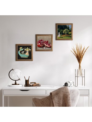 Pinecone Stone Claude Monet Bahçedeki Kadın, Şahmeran, Nar Ahşap Çerçeveli Taş Duvar Tablosu 3’lü Set – 25x25 cm Dekoratif Modern Sanat – Ev ve Ofis Dekoru |W3-1019|