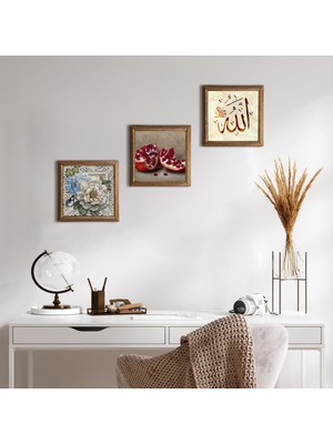 Pinecone Stone Allah Lafzı, Kelebekli Çiçek, Nar Ahşap Çerçeveli Taş Duvar Tablosu 3’lü Set – 25x25 cm Dekoratif Modern Sanat – Ev ve Ofis Dekoru |W3-1152|