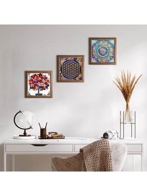 Pinecone Stone Mandala, Yaşam Çiçeği, Nar Ağacı Ahşap Çerçeveli Taş Duvar Tablosu 3’lü Set – 25x25 cm Dekoratif Modern Sanat – Ev ve Ofis Dekoru |W3-343|