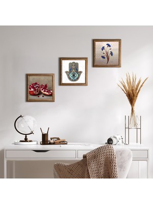 Pinecone Stone Ebru Sanatı, Nar, Fatma Ana Eli (Hamsa) Ahşap Çerçeveli Taş Duvar Tablosu 3’lü Set – 25x25 cm Dekoratif Modern Sanat – Ev ve Ofis Dekoru |W3-759|