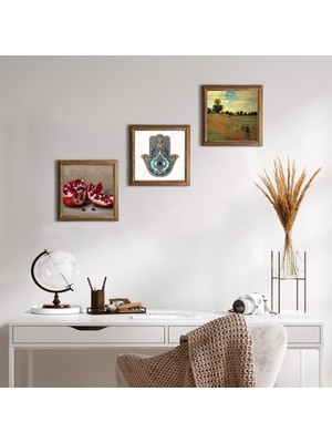 Pinecone Stone Claude Monet Gelincikler, Nar, Fatma Ana Eli (Hamsa) Ahşap Çerçeveli Taş Duvar Tablosu 3’lü Set – 25x25 cm Dekoratif Modern Sanat – Ev ve Ofis Dekoru |W3-763|