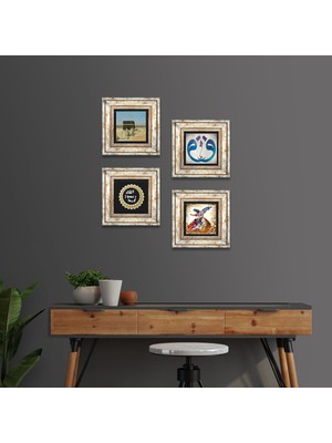 Pinecone Stone Vav, Kabe-i Muazzama, Mührü Şerif, Semazen Çerçeveli Taş Duvar Tablosu 4’lü Set - Dekoratif Modern Sanat, Ev ve Ofis Dekoru |TK4-1789|