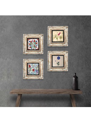 Pinecone Stone Ebru Sanatı, Lale Çerçeveli Taş Duvar Tablosu 4’lü Set - Dekoratif Modern Sanat, Ev ve Ofis Dekoru |TK4-701|