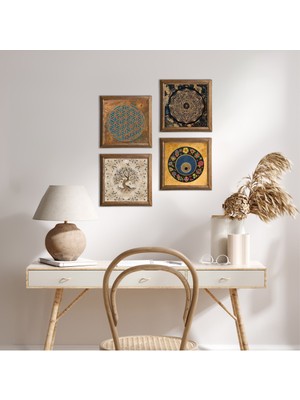 Pinecone Stone Yaşam Çiçeği, Sri Yantra, Nazar, Hayat Ağacı Ahşap Çerçeveli Taş Duvar Tablosu 4’lü Set – 25x25 cm Dekoratif Modern Sanat – Ev ve Ofis Dekoru |W4-540|