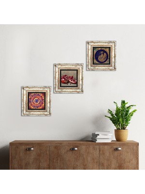 Pinecone Stone Mandala, Tavus Kuşu, Nar Çerçeveli Taş Duvar Tablosu 3’lü Set - Dekoratif Modern Sanat, Ev ve Ofis Dekoru |TK3-1664|