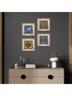 Pinecone Yaşam Çiçeği, Nazar Taş Duvar Tablosu Çerçeveli Duvar Dekoru 4 Parça Tablo Seti Wall Art T4-1264