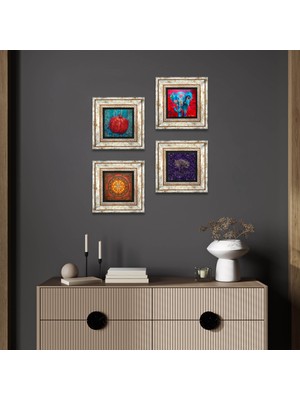 Pinecone Stone Hayat Ağacı, Fil, Sri Yantra, Nar Çerçeveli Taş Duvar Tablosu 4’lü Set - Dekoratif Modern Sanat, Ev ve Ofis Dekoru |TK4-1275|