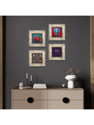 Pinecone Stone Hayat Ağacı, Fil, Yaşam Çiçeği, Nar Çerçeveli Taş Duvar Tablosu 4’lü Set - Dekoratif Modern Sanat, Ev ve Ofis Dekoru |TK4-1276|
