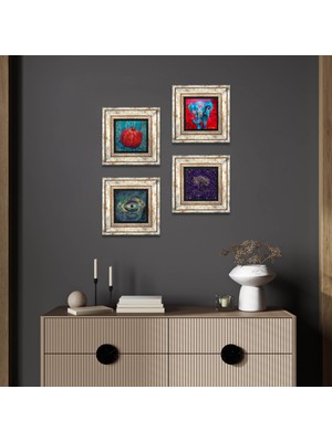 Pinecone Stone Hayat Ağacı, Fil, Nazar, Nar Çerçeveli Taş Duvar Tablosu 4’lü Set - Dekoratif Modern Sanat, Ev ve Ofis Dekoru |TK4-1283|