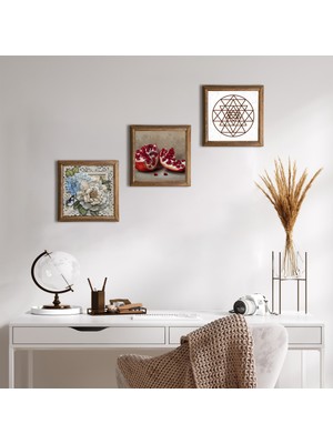 Pinecone Stone Sri Yantra, Kelebekli Çiçek, Nar Ahşap Çerçeveli Taş Duvar Tablosu 3’lü Set – 25x25 cm Dekoratif Modern Sanat – Ev ve Ofis Dekoru |W3-1161|