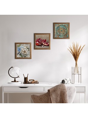 Pinecone Stone Yaşam Çiçeği, Kelebekli Çiçek, Nar Ahşap Çerçeveli Taş Duvar Tablosu 3’lü Set – 25x25 cm Dekoratif Modern Sanat – Ev ve Ofis Dekoru |W3-1168|
