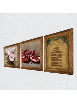 Pinecone Ayet-el Kürsi, Kelebekli Çiçek, Nar Taş Duvar Tablosu Ahşap Çerçeveli Duvar Dekoru 3 Parça Tablo Seti Wall Art W3-1228