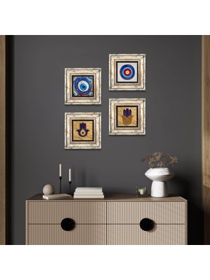 Pinecone Stone Fatma Ana Eli (Hamsa), Nazar Çerçeveli Taş Duvar Tablosu 4’lü Set - Dekoratif Modern Sanat, Ev ve Ofis Dekoru |TK4-1238|