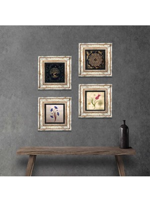 Pinecone Stone Ebru Sanatı, Sri Yantra, Hayat Ağacı, Lale Çerçeveli Taş Duvar Tablosu 4’lü Set - Dekoratif Modern Sanat, Ev ve Ofis Dekoru |TK4-738|