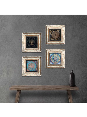 Pinecone Stone Mandala, Sri Yantra, Yaşam Çiçeği, Hayat Ağacı Çerçeveli Taş Duvar Tablosu 4’lü Set - Dekoratif Modern Sanat, Ev ve Ofis Dekoru |TK4-739|