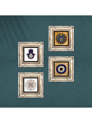 Pinecone Fatma Ana Eli (Hamsa), Sri Yantra, Nazar Taş Duvar Tablosu Çerçeveli Duvar Dekoru 4 Parça Tablo Seti Wall Art T4-1823