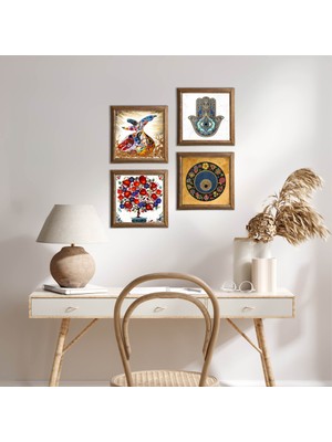 Pinecone Stone Nazar, Semazen, Nar Ağacı, Fatma Ana Eli (Hamsa) Ahşap Çerçeveli Taş Duvar Tablosu 4’lü Set – 25x25 cm Dekoratif Modern Sanat – Ev ve Ofis Dekoru |W4-655|