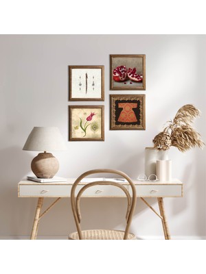 Pinecone Stone Hırka-i Şerif, Lale, Elif, Nar Ahşap Çerçeveli Taş Duvar Tablosu 4’lü Set – 25x25 cm Dekoratif Modern Sanat – Ev ve Ofis Dekoru |W4-666|