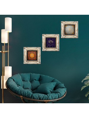 Pinecone Stone Hayat Ağacı, Sri Yantra Çerçeveli Taş Duvar Tablosu 3’lü Set - Dekoratif Modern Sanat, Ev ve Ofis Dekoru |TK3-1818|