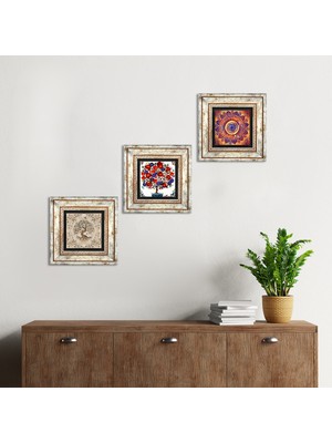 Pinecone Mandala, Hayat Ağacı, Nar Ağacı Taş Duvar Tablosu Çerçeveli Duvar Dekoru 3 Parça Tablo Seti Wall Art T3-382