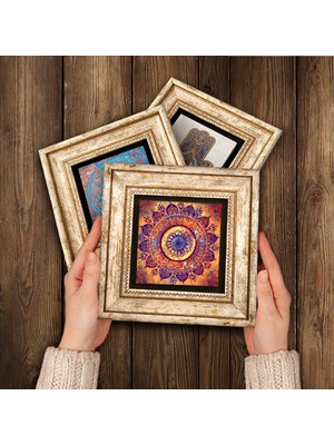 Pinecone Mandala, Hayat Ağacı, Nar Ağacı Taş Duvar Tablosu Çerçeveli Duvar Dekoru 3 Parça Tablo Seti Wall Art T3-382