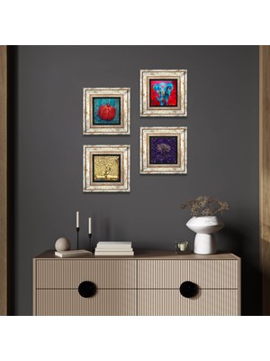 Pinecone Hayat Ağacı, Fil, Nar Taş Duvar Tablosu Çerçeveli Duvar Dekoru 4 Parça Tablo Seti Wall Art T4-1266