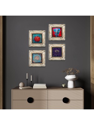 Pinecone Stone Hayat Ağacı, Fil, Yaşam Çiçeği, Nar Çerçeveli Taş Duvar Tablosu 4’lü Set - Dekoratif Modern Sanat, Ev ve Ofis Dekoru |TK4-1280|