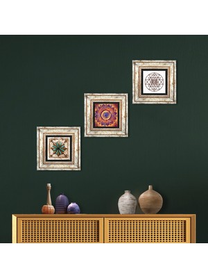Pinecone Stone Mandala, Sri Yantra, Fas Desenli Vintage Çerçeveli Taş Duvar Tablosu 3’lü Set - Dekoratif Modern Sanat, Ev ve Ofis Dekoru |TK3-393|