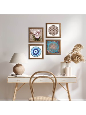 Pinecone Stone Nazar, Yaşam Çiçeği, Kelebekli Çiçek Ahşap Çerçeveli Taş Duvar Tablosu 4’lü Set – 25x25 cm Dekoratif Modern Sanat – Ev ve Ofis Dekoru |W4-832|
