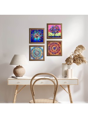 Pinecone Stone Mandala, Hayat Ağacı Ahşap Çerçeveli Taş Duvar Tablosu 4’lü Set – 25x25 cm Dekoratif Modern Sanat – Ev ve Ofis Dekoru |W4-846|