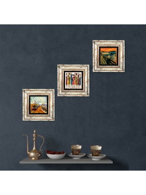 Pinecone Stone Van Gogh Balıkçı Tekneleri, Çığlık, Yerli Kadınlar Çerçeveli Taş Duvar Tablosu 3’lü Set - Dekoratif Modern Sanat, Ev ve Ofis Dekoru |TK3-1858|