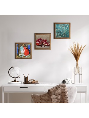 Pinecone Stone Van Gogh Badem Ağacı, Kaplumbağa Terbiyecisi, Nar Ahşap Çerçeveli Taş Duvar Tablosu 3’lü Set – 25x25 cm Dekoratif Modern Sanat – Ev ve Ofis Dekoru |W3-1528|