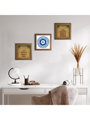 Pinecone Stone Nazar Duası, Ayet-el Kürsi, Nazar Ahşap Çerçeveli Taş Duvar Tablosu 3’lü Set – 25x25 cm Dekoratif Modern Sanat – Ev ve Ofis Dekoru |W3-154|