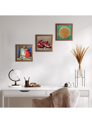 Pinecone Stone Lotus Çiçeği, Kaplumbağa Terbiyecisi, Nar Ahşap Çerçeveli Taş Duvar Tablosu 3’lü Set – 25x25 cm Dekoratif Modern Sanat – Ev ve Ofis Dekoru |W3-1552|