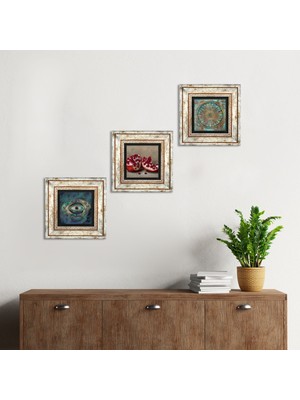 Pinecone Stone Nazar, Yaşam Çiçeği, Nar Çerçeveli Taş Duvar Tablosu 3’lü Set - Dekoratif Modern Sanat, Ev ve Ofis Dekoru |TK3-1655|