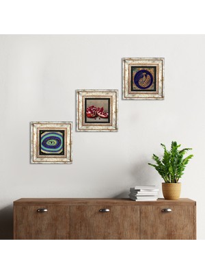 Pinecone Stone Nazar, Tavus Kuşu, Nar Çerçeveli Taş Duvar Tablosu 3’lü Set - Dekoratif Modern Sanat, Ev ve Ofis Dekoru |TK3-1661|