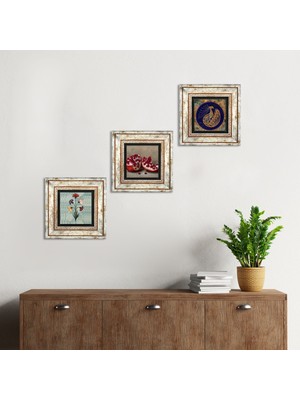 Pinecone Stone Ebru Sanatı, Tavus Kuşu, Nar Çerçeveli Taş Duvar Tablosu 3’lü Set - Dekoratif Modern Sanat, Ev ve Ofis Dekoru |TK3-1667|