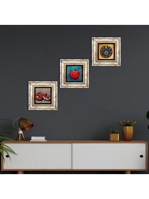 Pinecone Stone Nazar Boncuğu, Nar Çerçeveli Taş Duvar Tablosu 3’lü Set - Dekoratif Modern Sanat, Ev ve Ofis Dekoru |TK3-803|