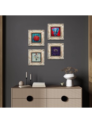 Pinecone Ebru Sanatı, Hayat Ağacı, Fil, Nar Taş Duvar Tablosu Çerçeveli Duvar Dekoru 4 Parça Tablo Seti Wall Art T4-1288