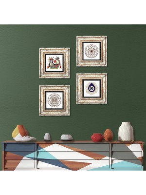 Pinecone Nazar, Yaşam Çiçeği, Sri Yantra, Şahmeran Taş Duvar Tablosu Çerçeveli Duvar Dekoru 4 Parça Tablo Seti Wall Art T4-1411