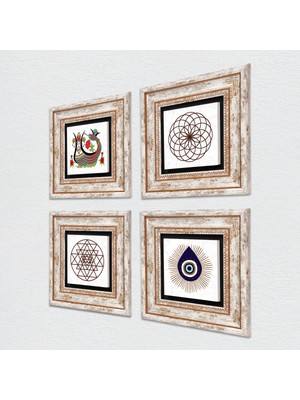 Pinecone Nazar, Yaşam Çiçeği, Sri Yantra, Şahmeran Taş Duvar Tablosu Çerçeveli Duvar Dekoru 4 Parça Tablo Seti Wall Art T4-1411